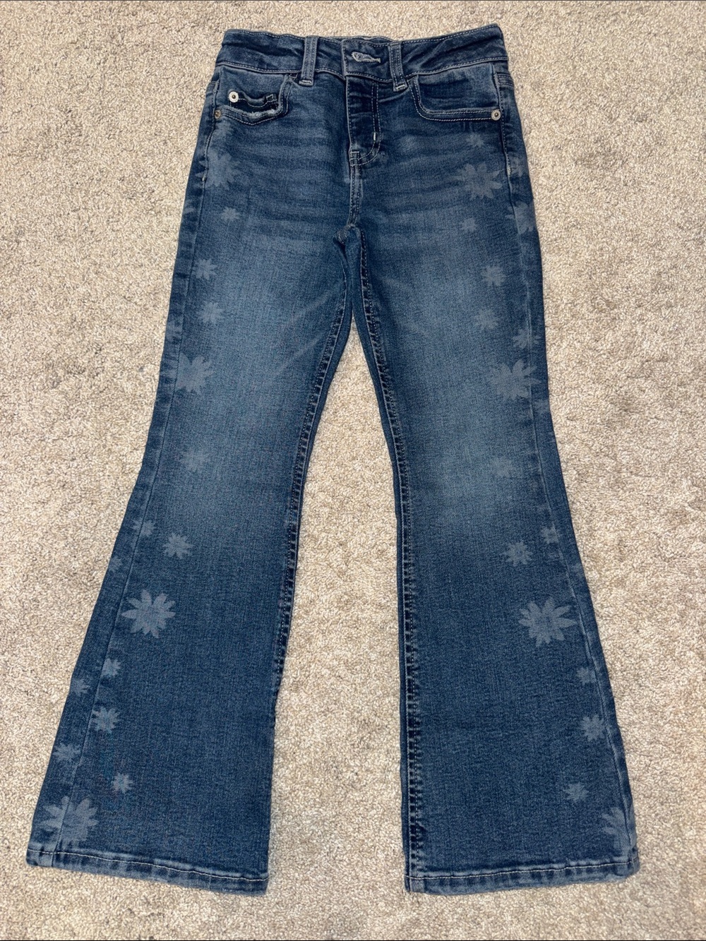 Girls' Dark Blue Floral-Print Flare Jeans